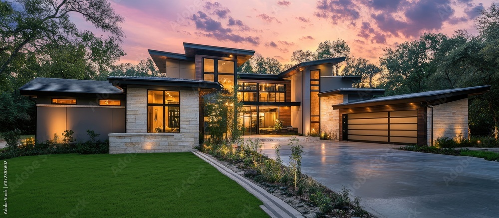 Fototapeta premium Modern luxurious home exterior with contemporary design and beautifully landscaped surroundings at sunset.