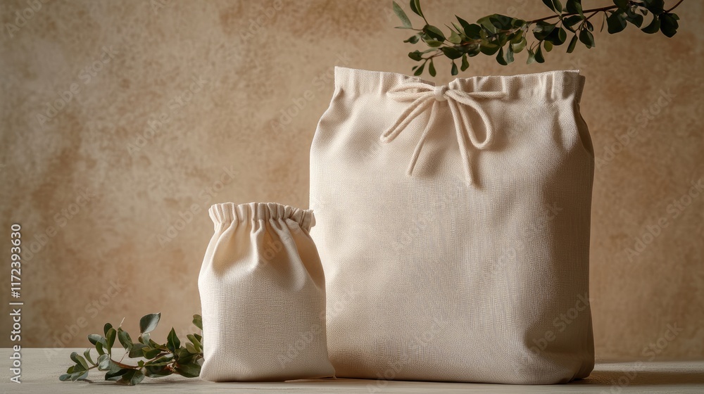 Drawstring fabric gift bags in different sizes showcasing texture and dimensions against a textured background with greenery accents Drawstring fabric gift bags in different sizes showcasing texture and dimensions against a textured background with greenery accents