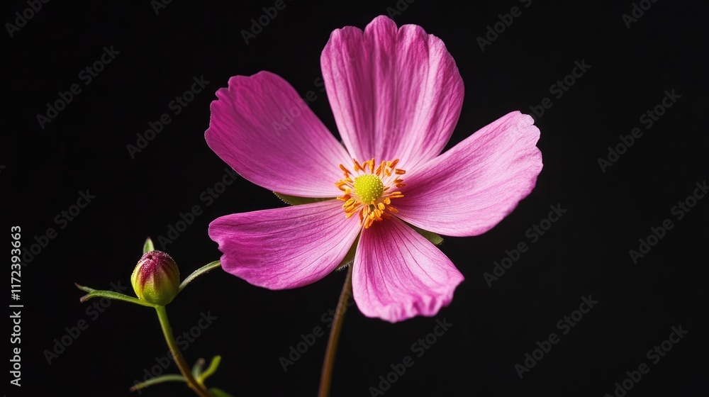 Vibrant pink flower with delicate petals and a budding companion set against a striking black background for dramatic visual contrast Vibrant pink flower with delicate petals and a budding companion set against a striking black background for dramatic visual contrast