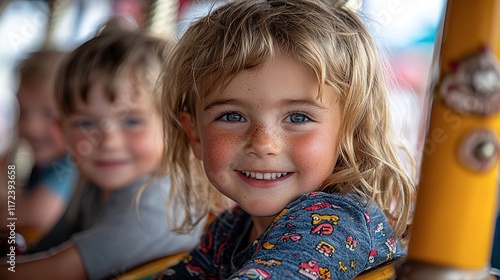 Freckled Girl Smiles On A Carousel With A Blurred Friend