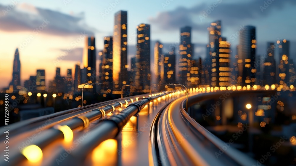 Urban Cityscape at Dusk with Highway Curving Toward Skyline and Glowing Lights in a Modern Metropolis Urban Cityscape at Dusk with Highway Curving Toward Skyline and Glowing Lights in a Modern Metropolis