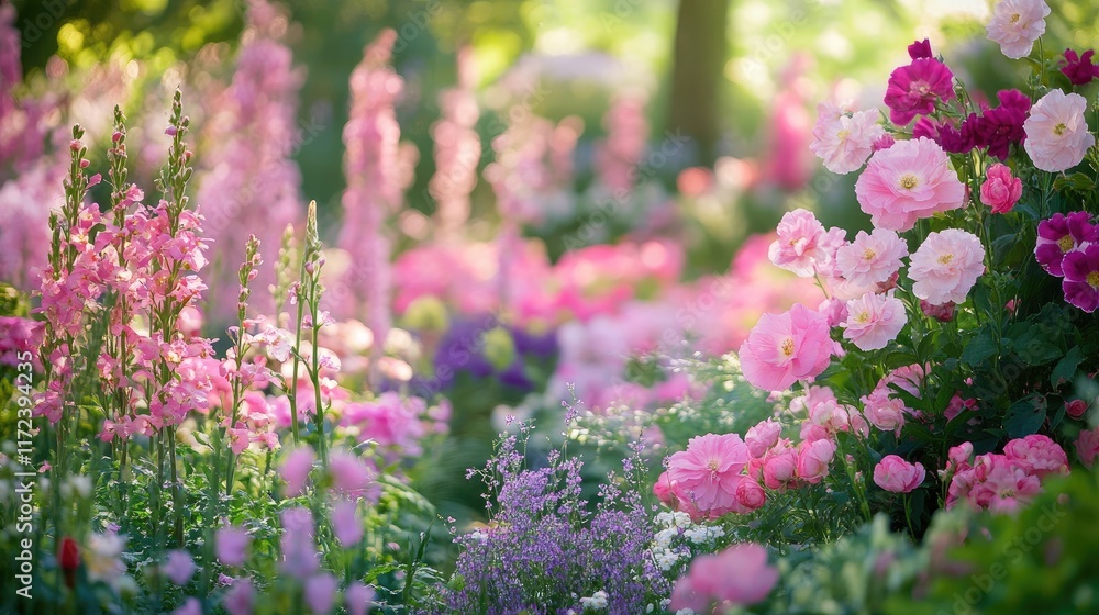 Obraz premium Lush pink floral garden with vibrant blossoms creating a serene and colorful nature background in soft sunlight.