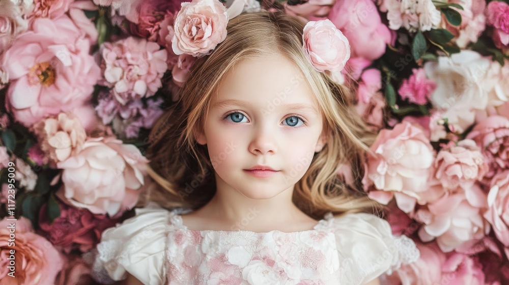 Girl surrounded by pink floral backdrop in soft lighting showcasing beauty and innocence in a dreamy floral portrait scene. Girl surrounded by pink floral backdrop in soft lighting showcasing beauty and innocence in a dreamy floral portrait scene.
