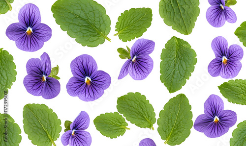 Purple pansies and green leaves pattern.