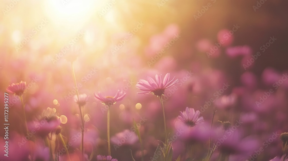 Fototapeta premium Soft sunlight illuminating a vibrant summer garden filled with blooming pink Echinacea flowers against a dreamy blurred background.