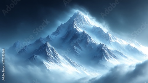 Majestic snow-capped mountain peak shrouded in mist under a dramatic sky. photo