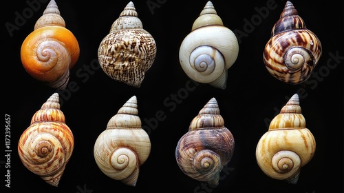 Diverse collection of Neritina freshwater snail shells showcasing unique patterns and colors on a black background. photo