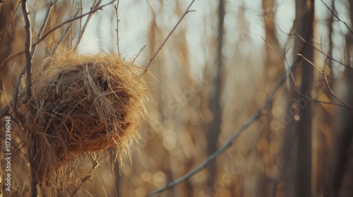 Weaver bird nest crafted from hay hanging on branches in a blurred forest background showcasing natural habitat and serene environment.