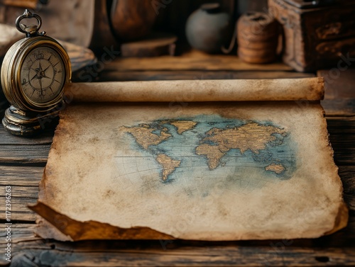 An antique map of the world on aged parchment beside a vintage compass. photo