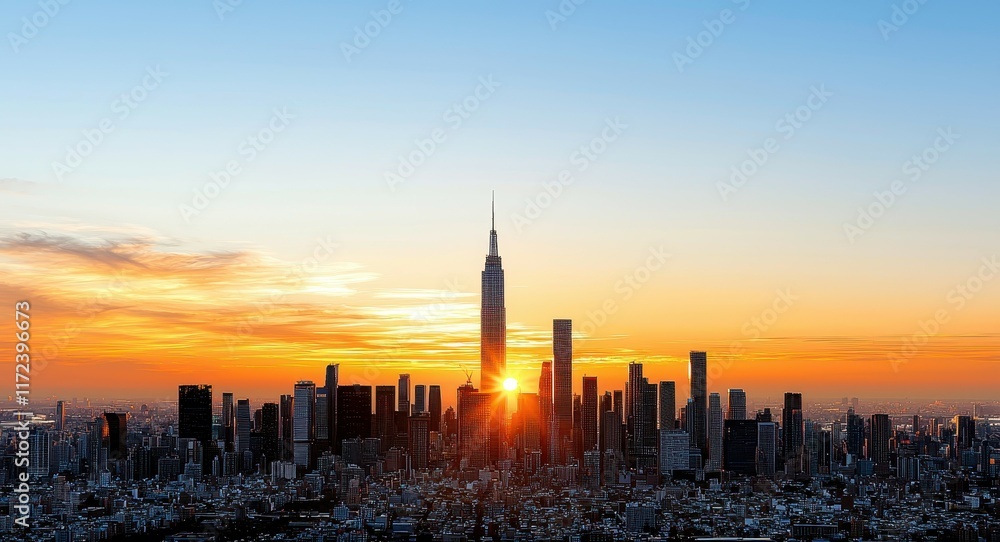 Fototapeta premium Stunning Sunset Over a City Skyline with Skyscrapers and a Tower Against a Clear Sky