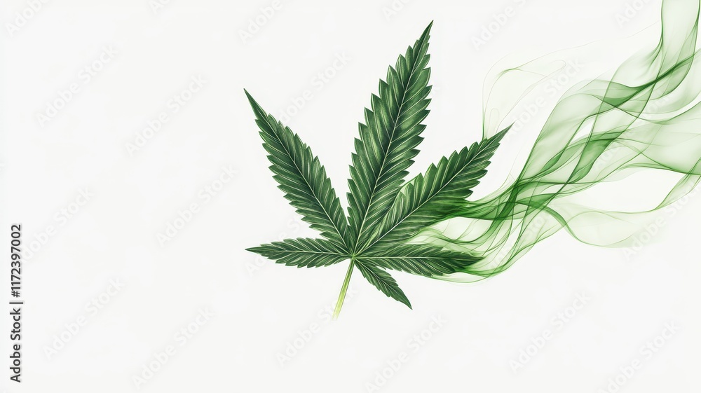 A green cannabis leaf with wisps of smoke, symbolizing relaxation and natural wellness.