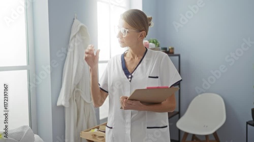 Wallpaper Mural Woman smiling and removing glasses in a clinic room with clipboard, wearing uniform, looking professional, sunlight streaming through window, suggesting healthcare workplace. Torontodigital.ca