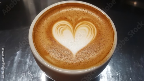 Aesthetic overhead view of a latte featuring intricate heart design in steamed milk on a reflective countertop surface photo