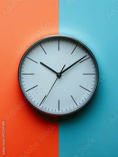 Wallpaper Mural A minimalist clock on a split background of orange and blue, emphasizing timekeeping. Torontodigital.ca
