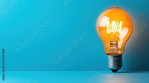 Bright Vintage Light Bulb Glowing Against Soft Blue Background, Energy and Illumination Concept