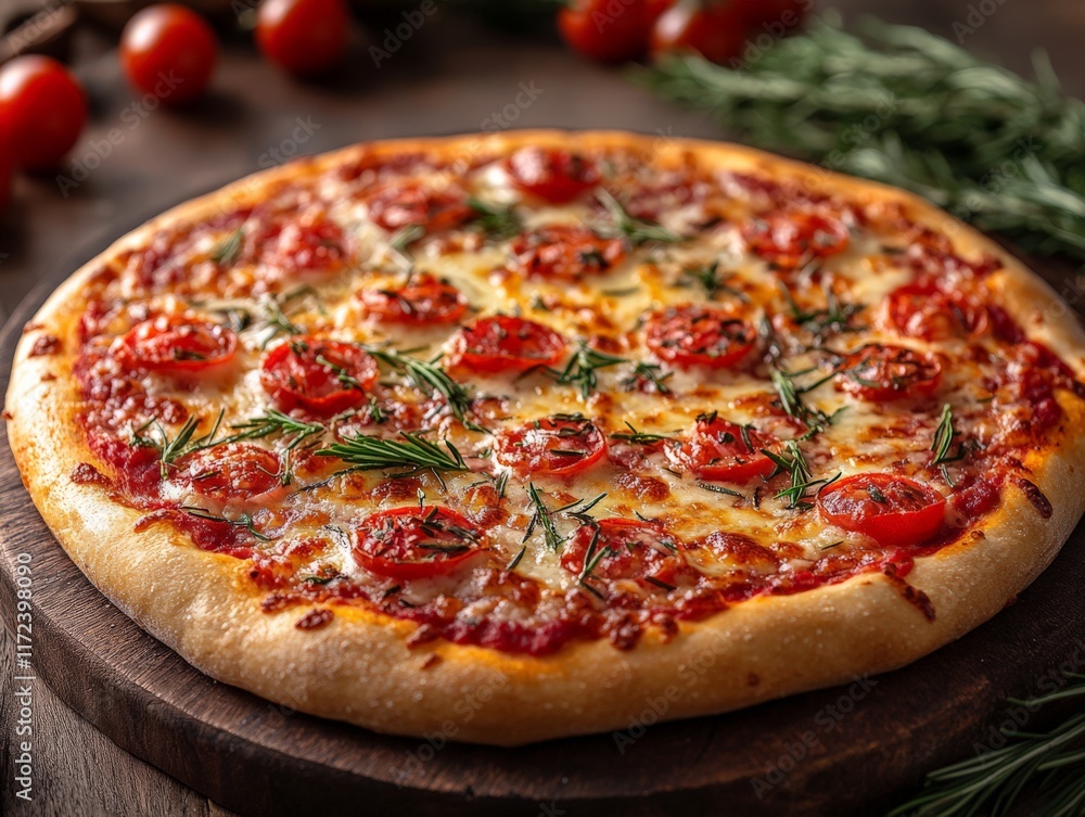 A freshly baked pizza topped with cherry tomatoes and herbs on a wooden board.