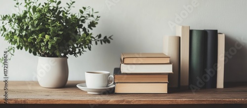 Wallpaper Mural Stylish workspace mockup with books, a potted plant, and coffee on a wooden desk perfect for design inspiration and cozy work environments Torontodigital.ca