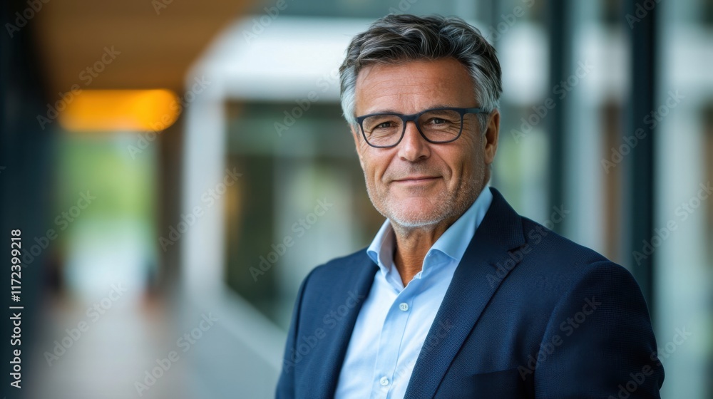 Fototapeta premium Confident mature businessman in a modern office environment with soft lighting and blurred background