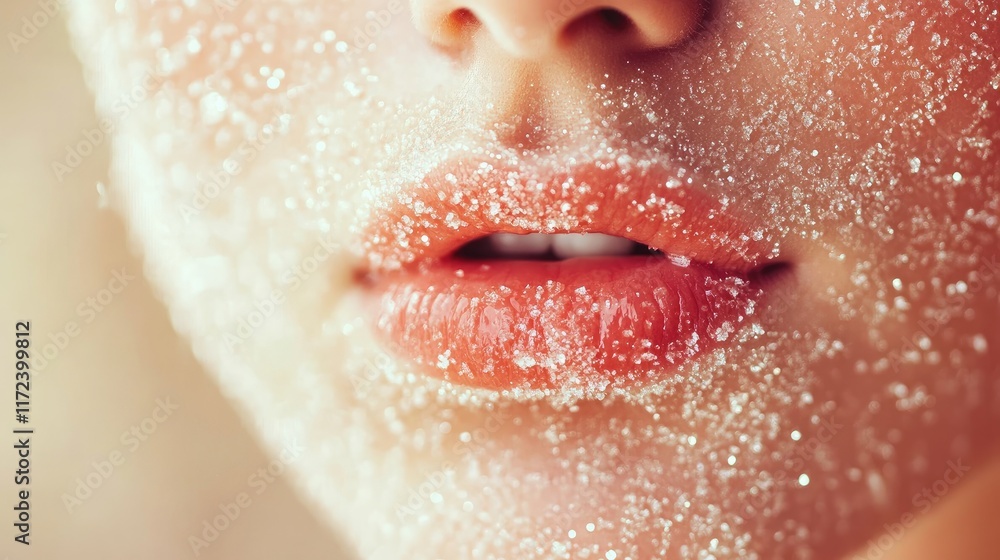 Fototapeta premium Exfoliating and Moisturizing Lips with Lip Scrub for Skincare Routine Close Up Image