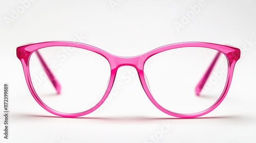 Stylish pink reading glasses isolated on white background showcasing modern fashion eyewear design and vibrant color trends. photo