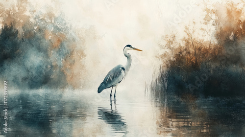 serene watercolor painting of heron standing in calm water, surrounded by misty trees and soft colors