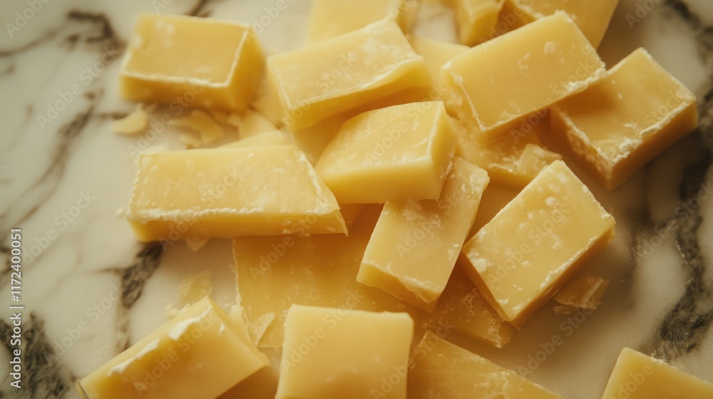 Overhead view of assorted cut cheese pieces on a textured marble surface Overhead view of assorted cut cheese pieces on a textured marble surface
