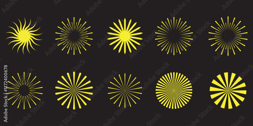 Set of round sunburst, line editable sun frame. Radial circle lines. Firework black explosion. Design elements Set of round sunburst, line editable sun frame. Radial circle lines. Firework black explosion. Design elements