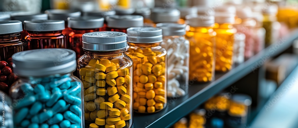 Foreground filled with different pills, tablets, and medicine vials, focusing on the diversity of pharmaceutical products in a clean and detailed environment Foreground filled with different pills, tablets, and medicine vials, focusing on the diversity of pharmaceutical products in a clean and detailed environment