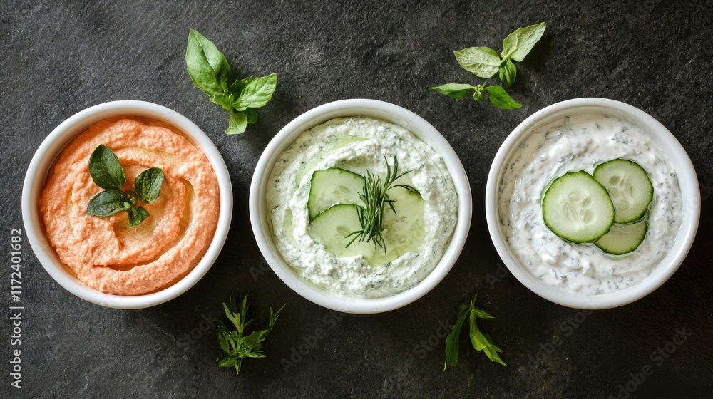 Assorted hummus and yogurt sauces served with fresh herbs and cucumbers on a textured surface ideal for healthy appetizer presentations Assorted hummus and yogurt sauces served with fresh herbs and cucumbers on a textured surface ideal for healthy appetizer presentations