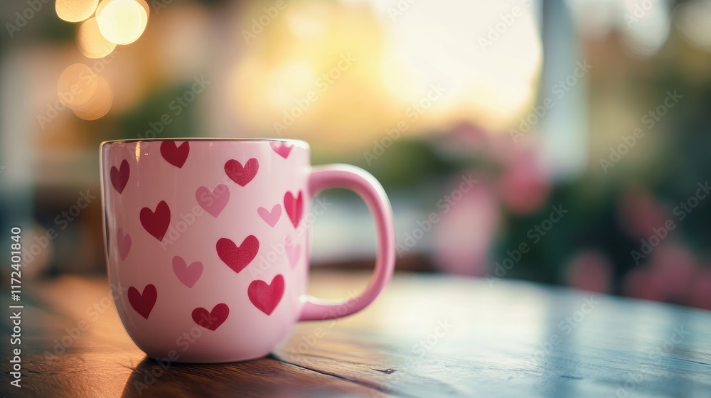 Pink cup adorned with heart patterns placed on a wooden table in a softly lit environment, evoking a warm and cozy atmosphere. Pink cup adorned with heart patterns placed on a wooden table in a softly lit environment, evoking a warm and cozy atmosphere.