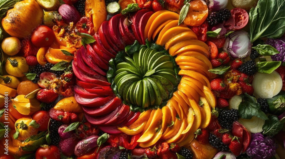 Colorful vegetable galette arranged in an artistic spiral pattern with fresh ingredients showcasing vibrant colors and textures. Colorful vegetable galette arranged in an artistic spiral pattern with fresh ingredients showcasing vibrant colors and textures.
