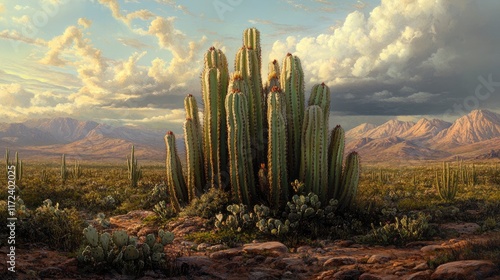 Majestic Pachycereus pringlei elephant cactus towering in a scenic desert landscape with dramatic skies and distant mountains in northwestern Mexico photo