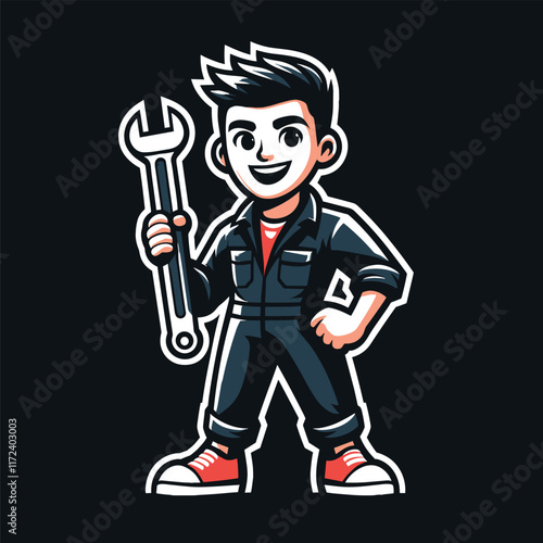 A cartoon mascot logo of a mechanic or repairing guy or a plumber holding a spanner or wrench