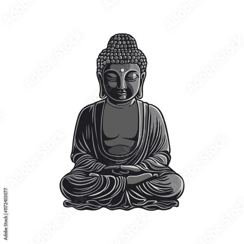 Colorful vector illustration of a Buddha sitting in lotus position isolated on a white background. Trendy buddhism wall art, poster. Yoga, meditation, Buddhism art gray color