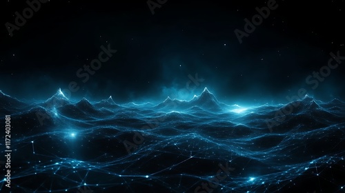 Glowing Blue Networked Mountains Under a Starry Sky