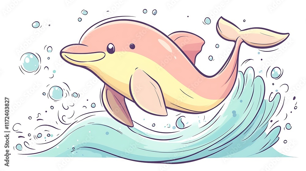 Naklejka premium A smiling dolphin soaring from a pastel-colored wave, surrounded by soft pastel highlights, clean white backdrop, minimalist hand-drawn lines, kawaii aesthetic, hd quality,