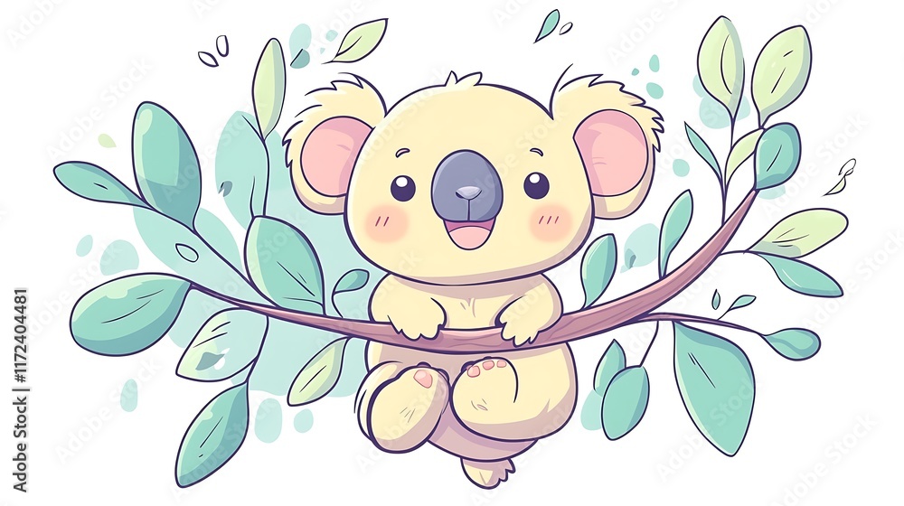 A smiling koala clinging to a pastel-colored eucalyptus branch, soft pastel tones, clean white background, minimalist hand-drawn lines, kawaii aesthetic, hd quality, smooth and natural textures. A smiling koala clinging to a pastel-colored eucalyptus branch, soft pastel tones, clean white background, minimalist hand-drawn lines, kawaii aesthetic, hd quality, smooth and natural textures.