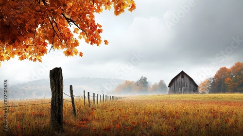 Autumn Landscape with Barn and Fenceline under Gray Sky photo