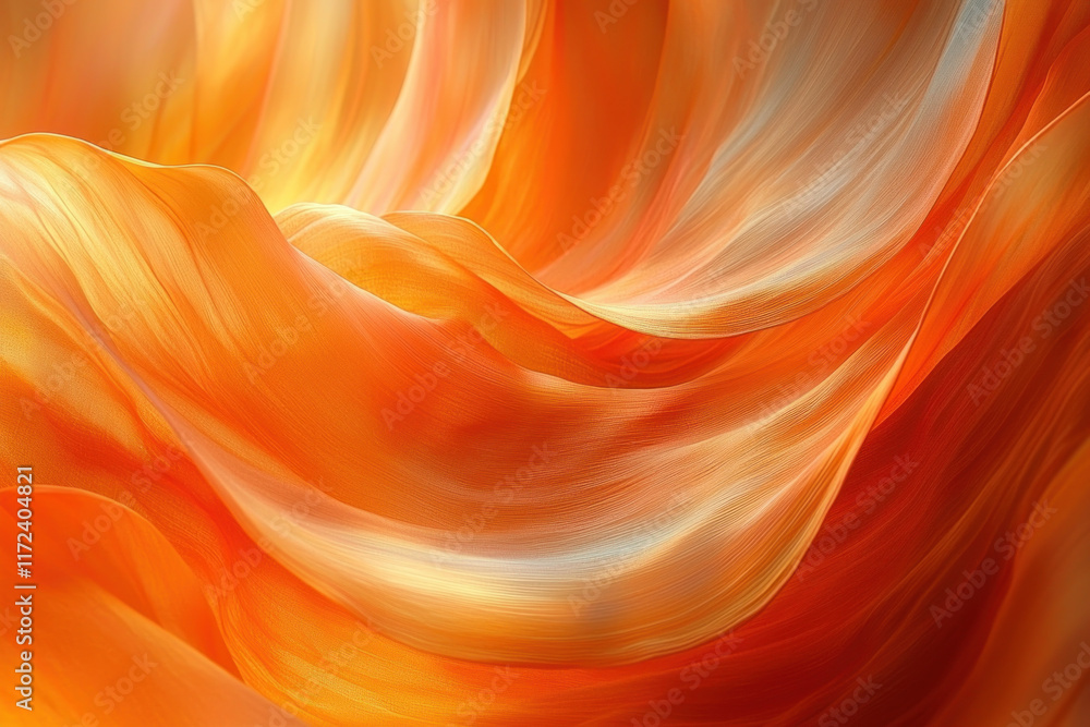 Flowing orange fabric illuminated from within, abstract background, textile design Flowing orange fabric illuminated from within, abstract background, textile design