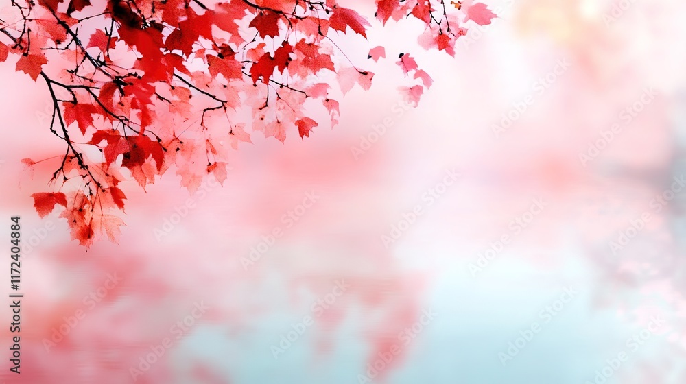 Vibrant Red Maple Leaves Against Soft Pink Background in Autumn Vibrant Red Maple Leaves Against Soft Pink Background in Autumn