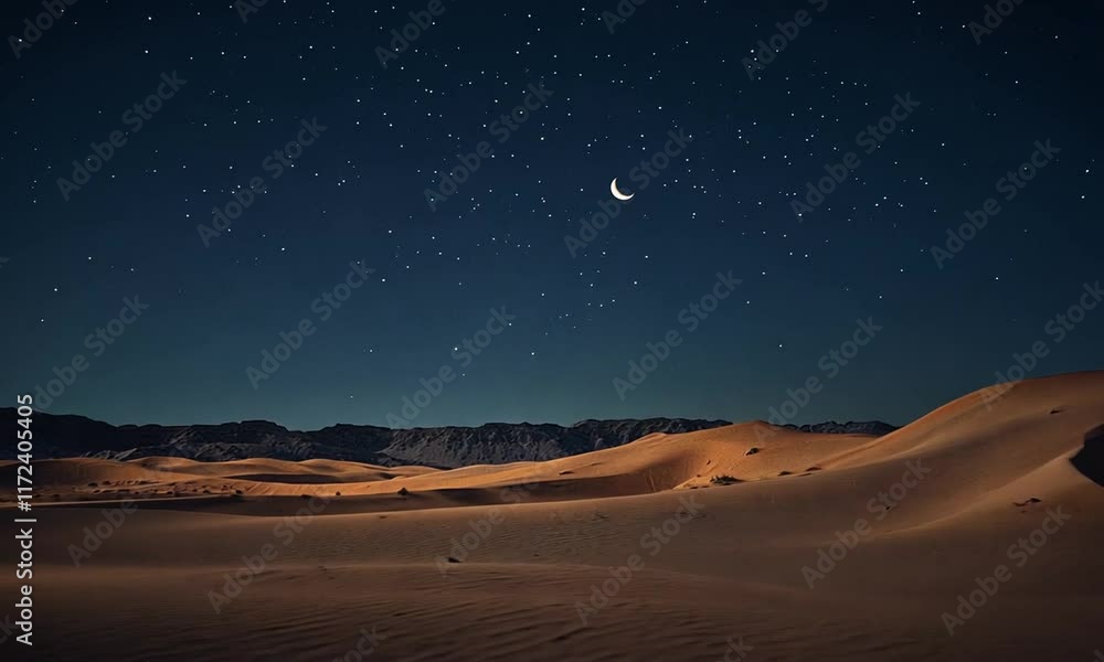 A serene desert landscape under a starry night sky with a crescent moon illuminating dunes.