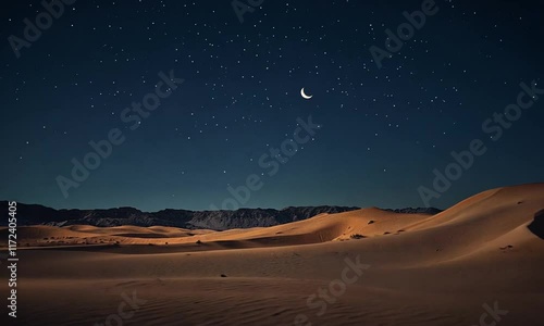 A serene desert landscape under a starry night sky with a crescent moon illuminating dunes.