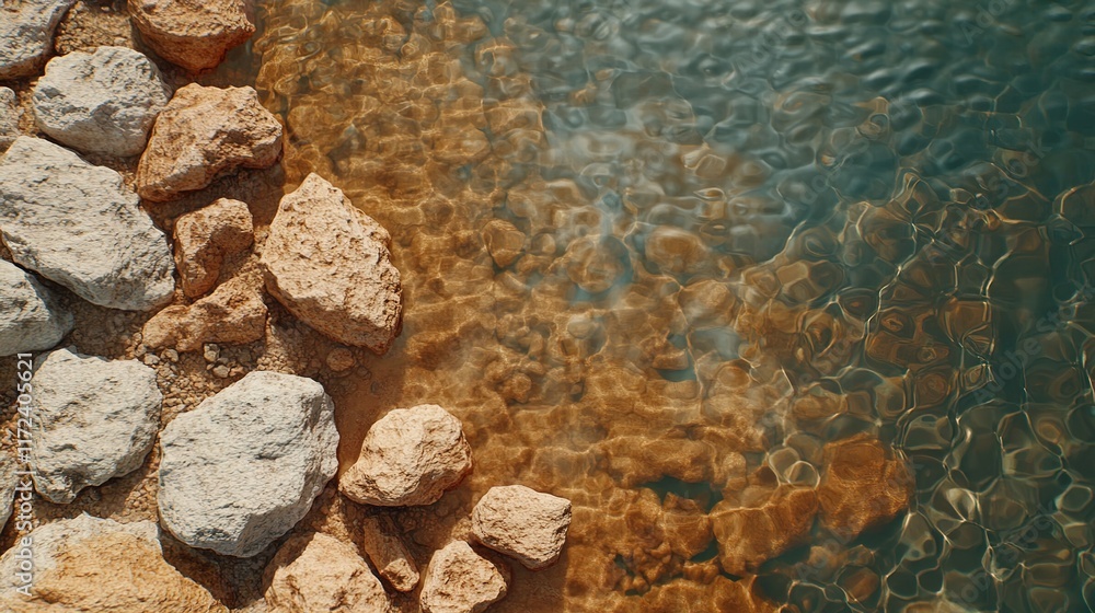 Tranquil Water Surface with Natural Stones on Shoreline Landscape Tranquil Water Surface with Natural Stones on Shoreline Landscape