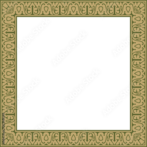 Vector gold with green Arabic national square ornament.  Ethnic rectangle, frame of eastern peoples. Persian painting