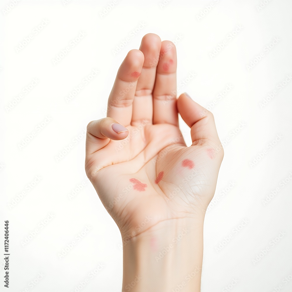 Close-up image of a hand with several small, reddish-brown spots, possibly indicating a skin condition or allergic reaction. Close-up image of a hand with several small, reddish-brown spots, possibly indicating a skin condition or allergic reaction.