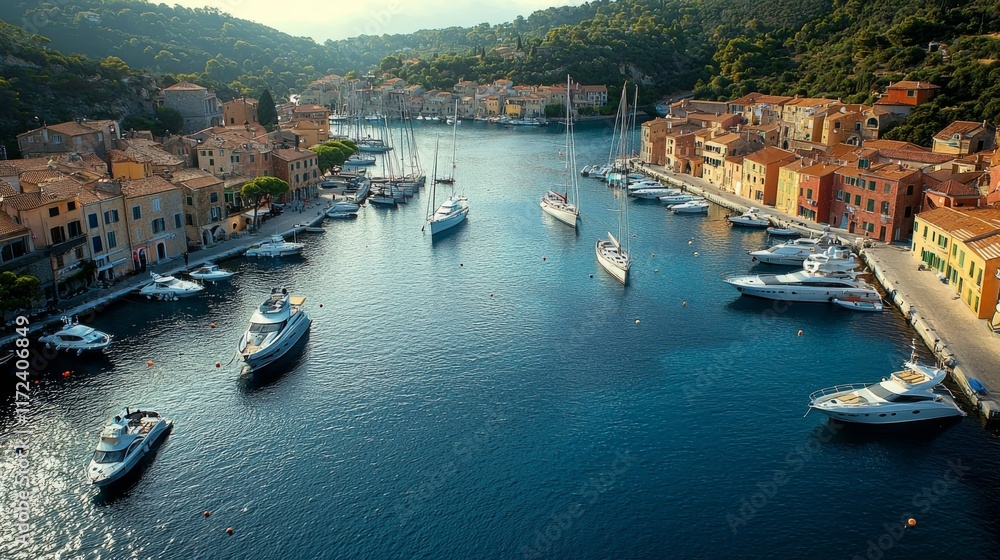 A picturesque coastal view featuring yachts docked in a serene harbor surrounded by charming buildings and lush hills. A picturesque coastal view featuring yachts docked in a serene harbor surrounded by charming buildings and lush hills.