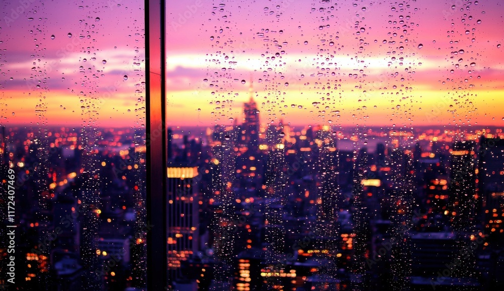 Fototapeta premium Rainy City Sunset View from High Rise