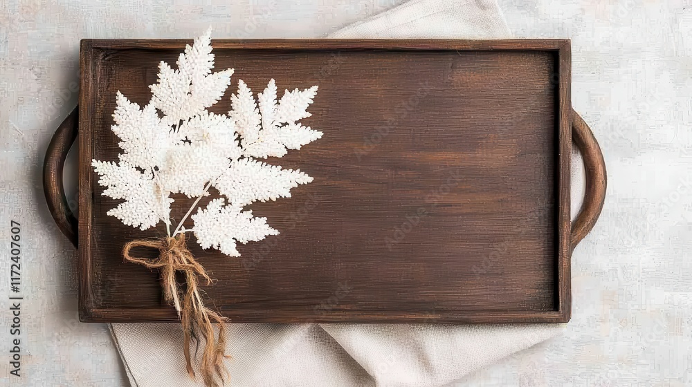 Elegant Wooden Tray with White Fern Leaves and Natural Twine Decoration Elegant Wooden Tray with White Fern Leaves and Natural Twine Decoration