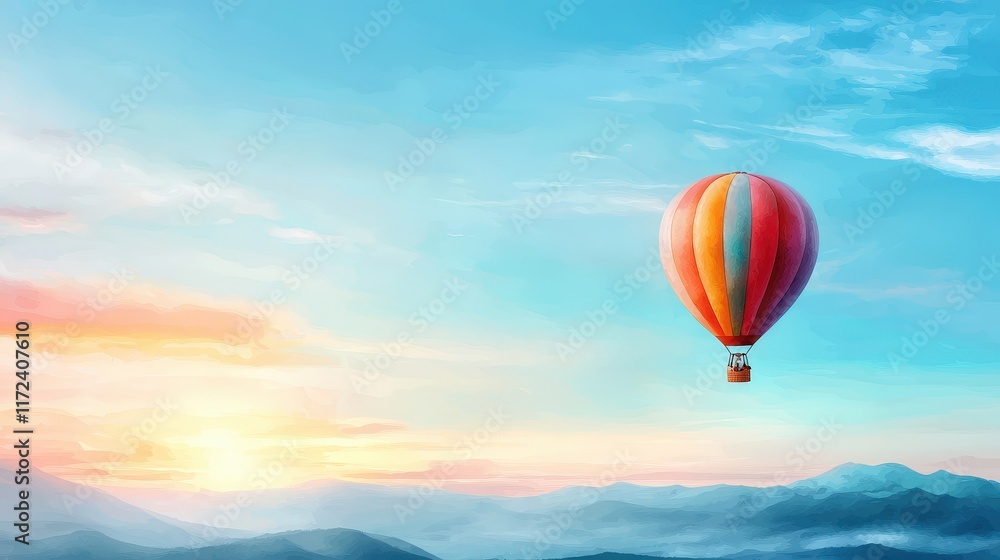 Fototapeta premium A photostock of a colorful hot air balloon floating in the sky with mountains in the background