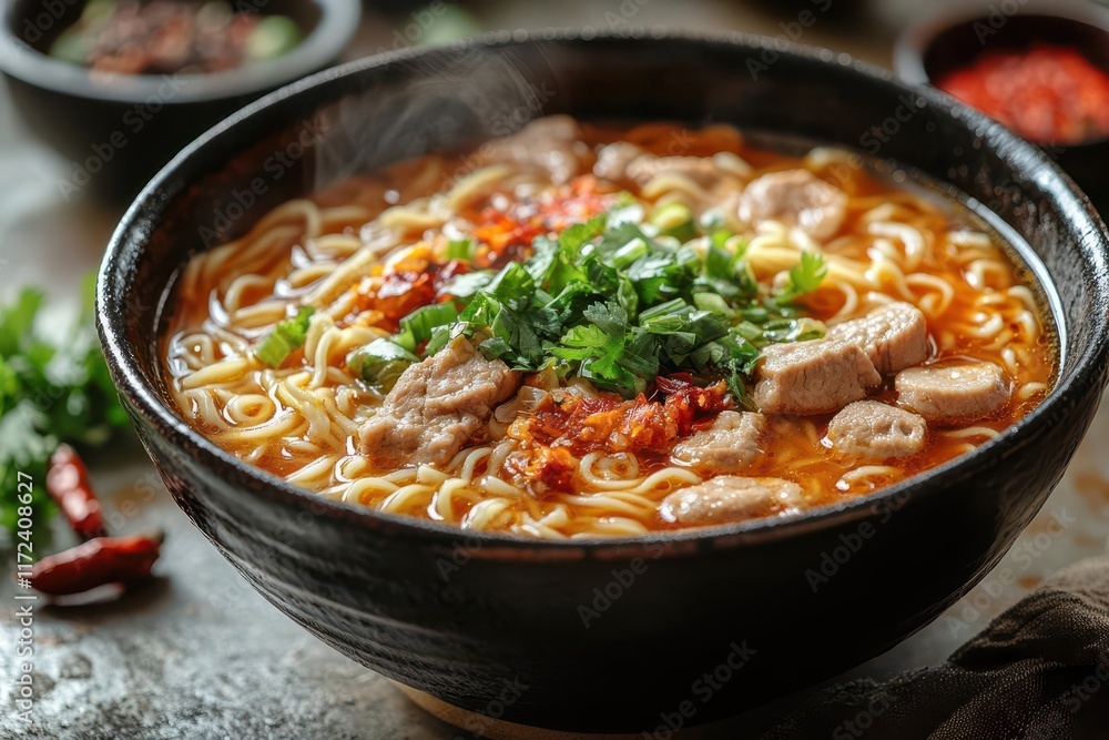 top view of a bowl filled with steaming asian noodle soup featuring ramen and garnishes presented with a minimalist approach against a white background top view of a bowl filled with steaming asian noodle soup featuring ramen and garnishes presented with a minimalist approach against a white background